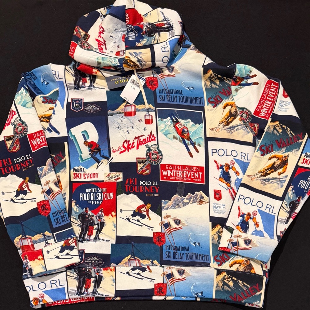 Polo Ralph Lauren Patchwork Ski Poster Print Graphic Sweatshirt Size XL